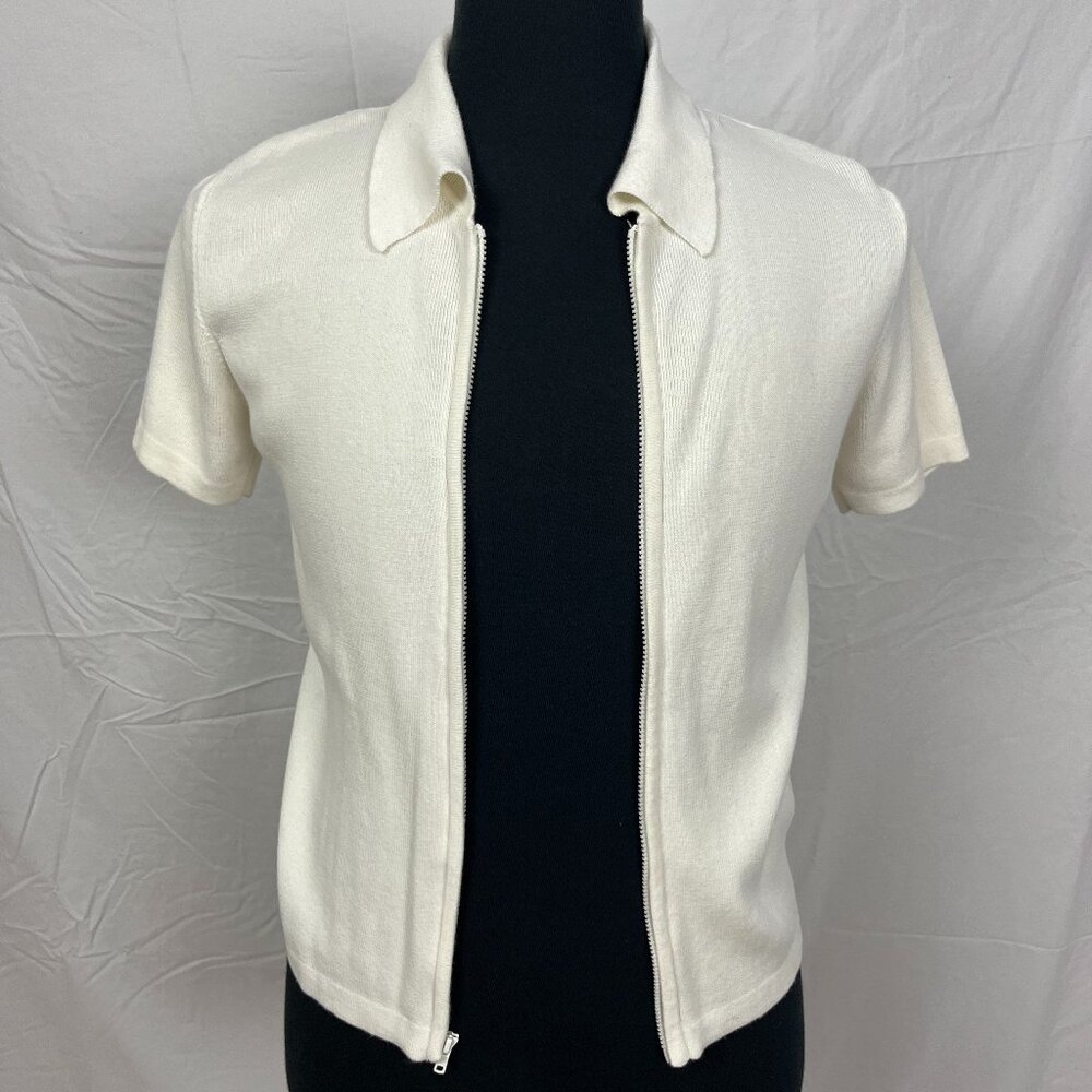 Quickreflex White Short Sleeve Stretchy Sweater Zip Up with Collar Size L